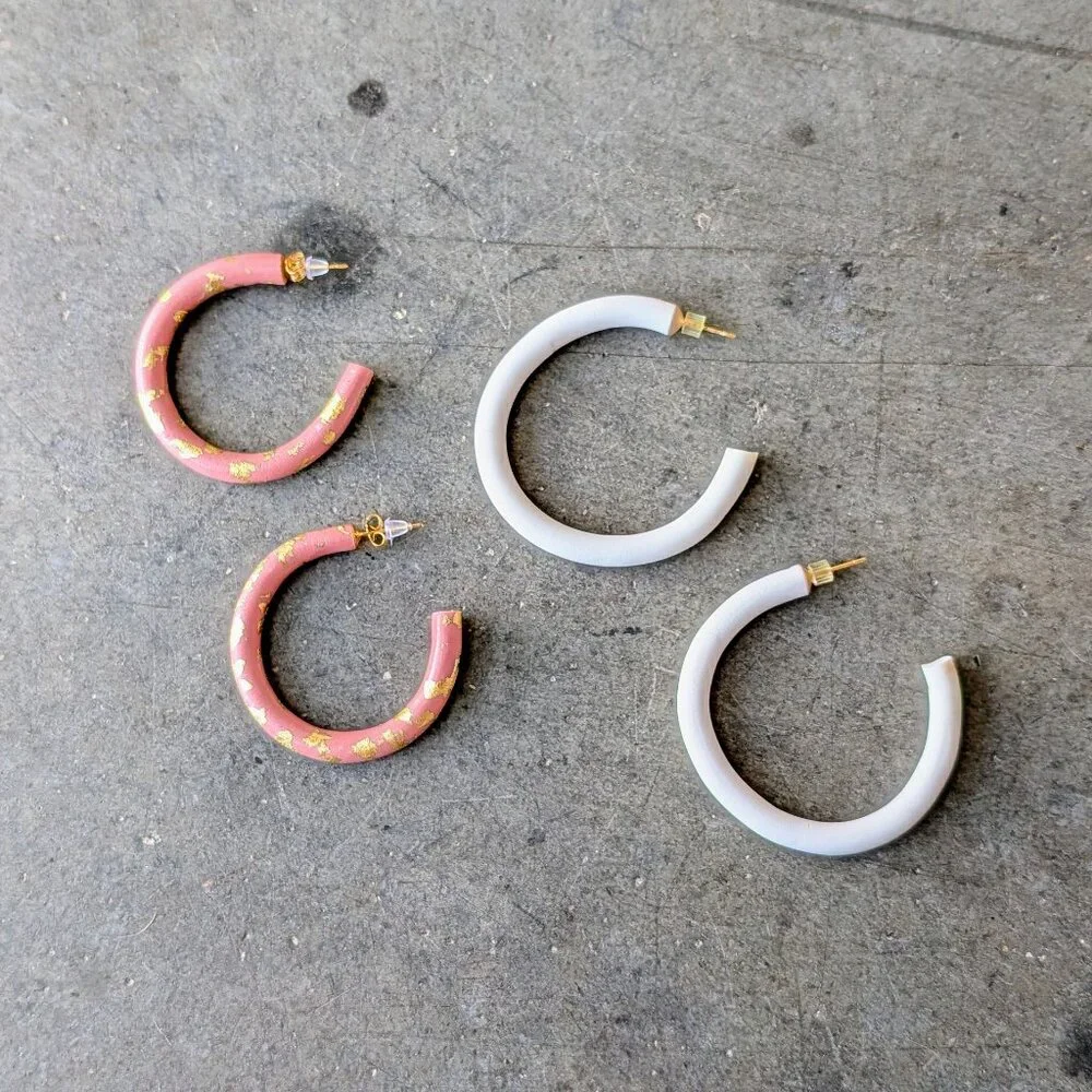 Handmade Pink and White Polymer Clay Hoop Earrings Set of Two NWOT